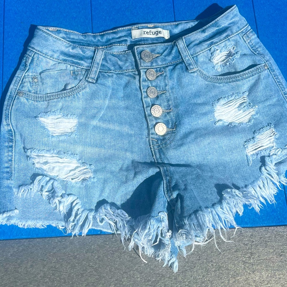 High waisted refuge ripped jean shorts womens size 0 light blue denim wash